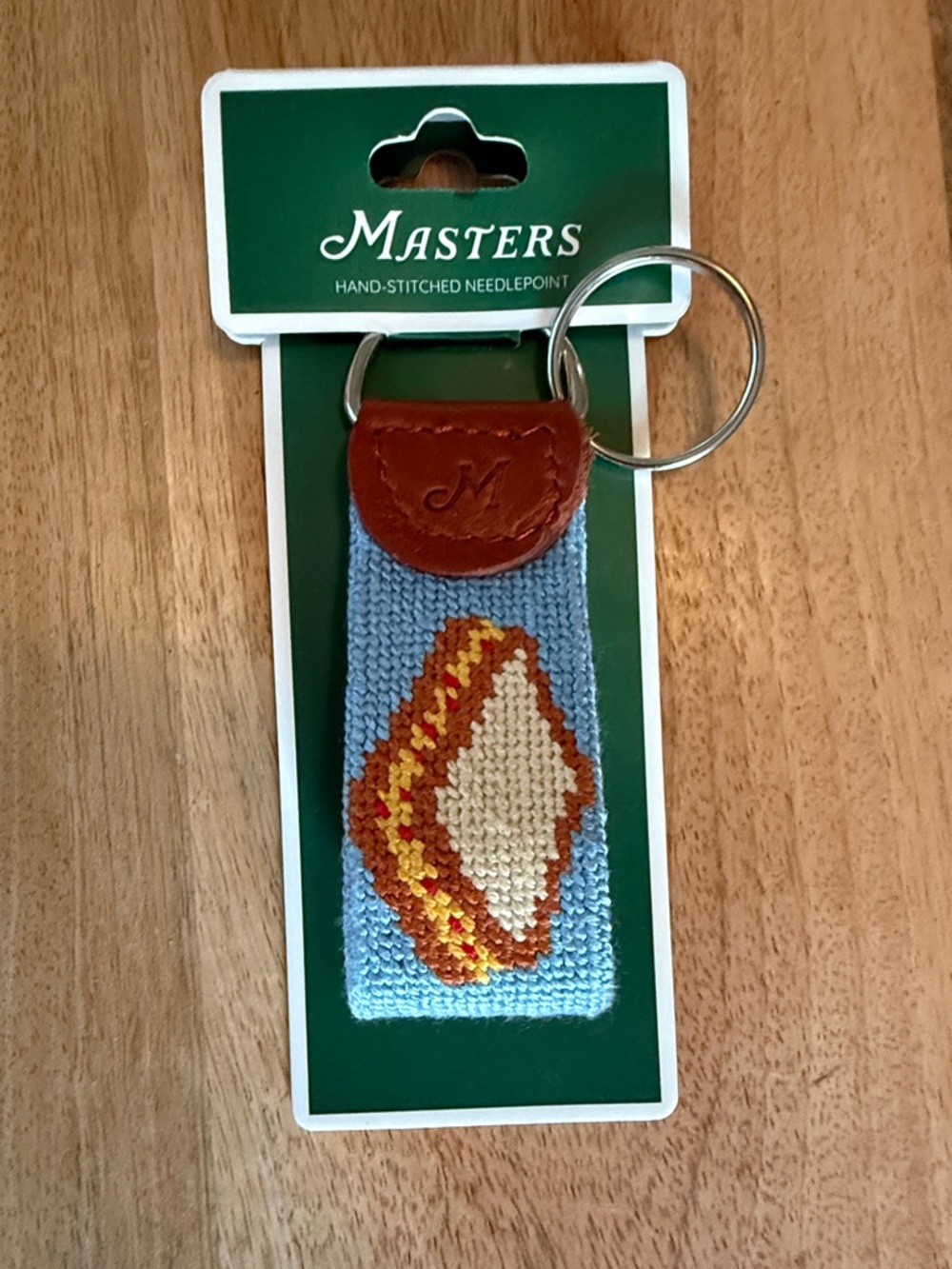 Masters 2026 Hand-Stitched Needlepoint Blue Leather Key Fob w/ pimento sandwich
